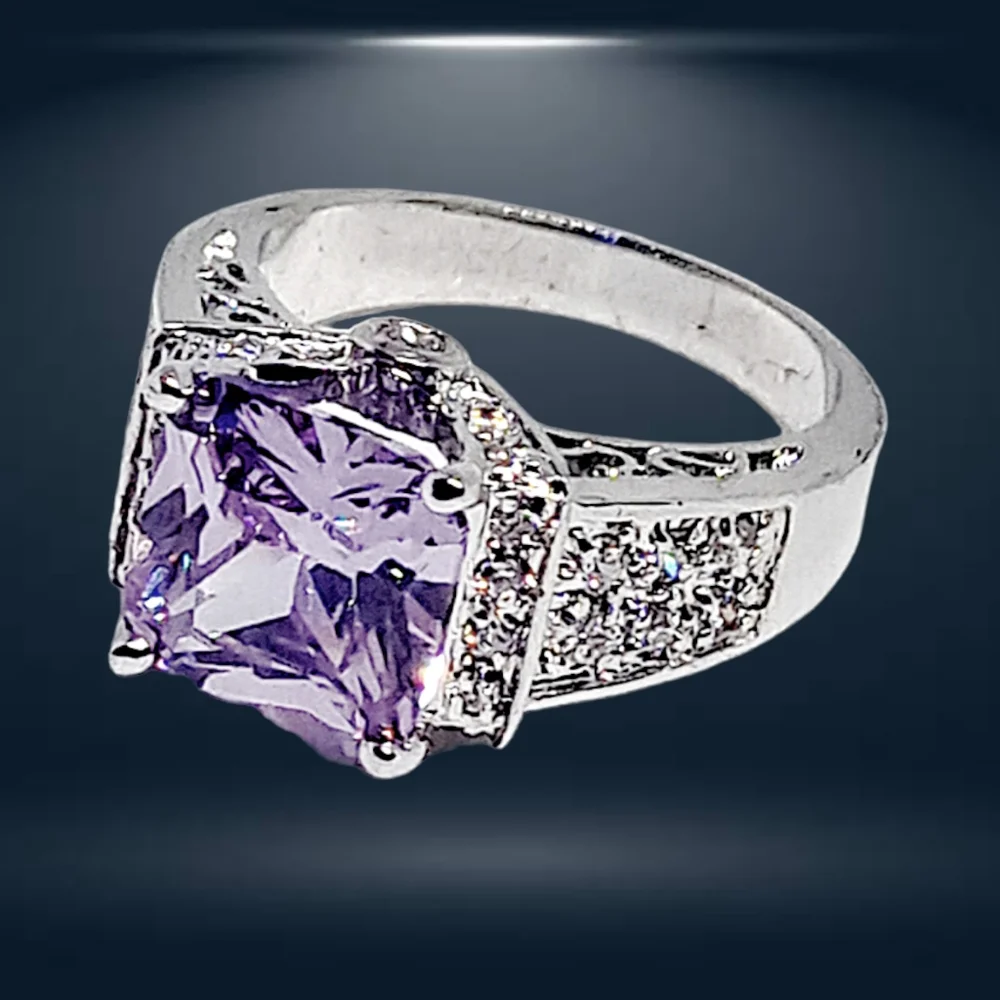 Princess-Cut Brilliant Amethyst Color Stone Cocktail Silver Ring